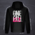 Cut 001 black hoodie back view featuring main One Fall! design - with product specifications.