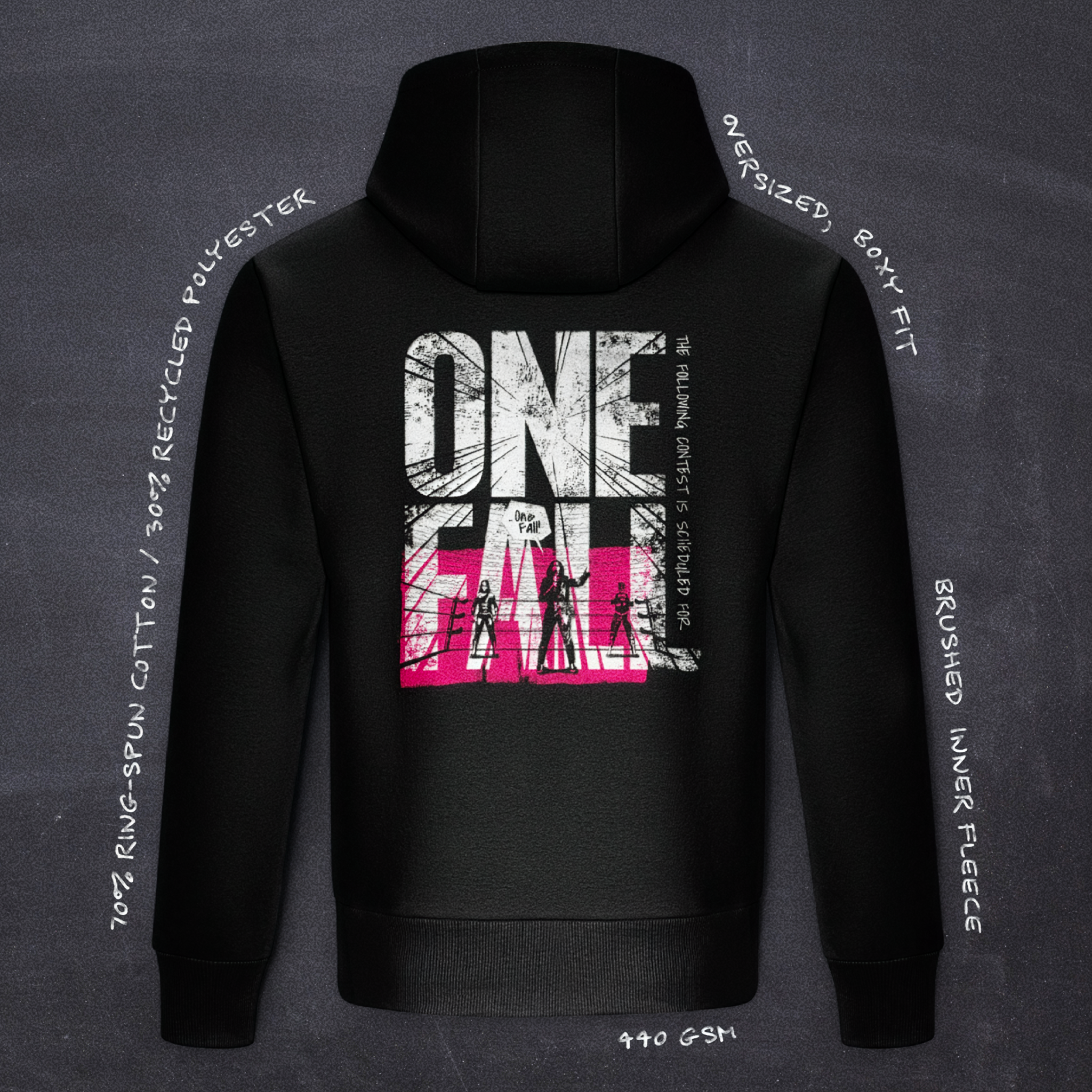 Cut 001 black hoodie back view featuring main One Fall! design - with product specifications.