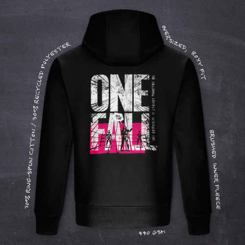 Cut 001 black hoodie back view featuring main One Fall! design - with product specifications.