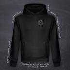 Cut 001 black hoodie front view featuring house of chops logo design - with product specifications.