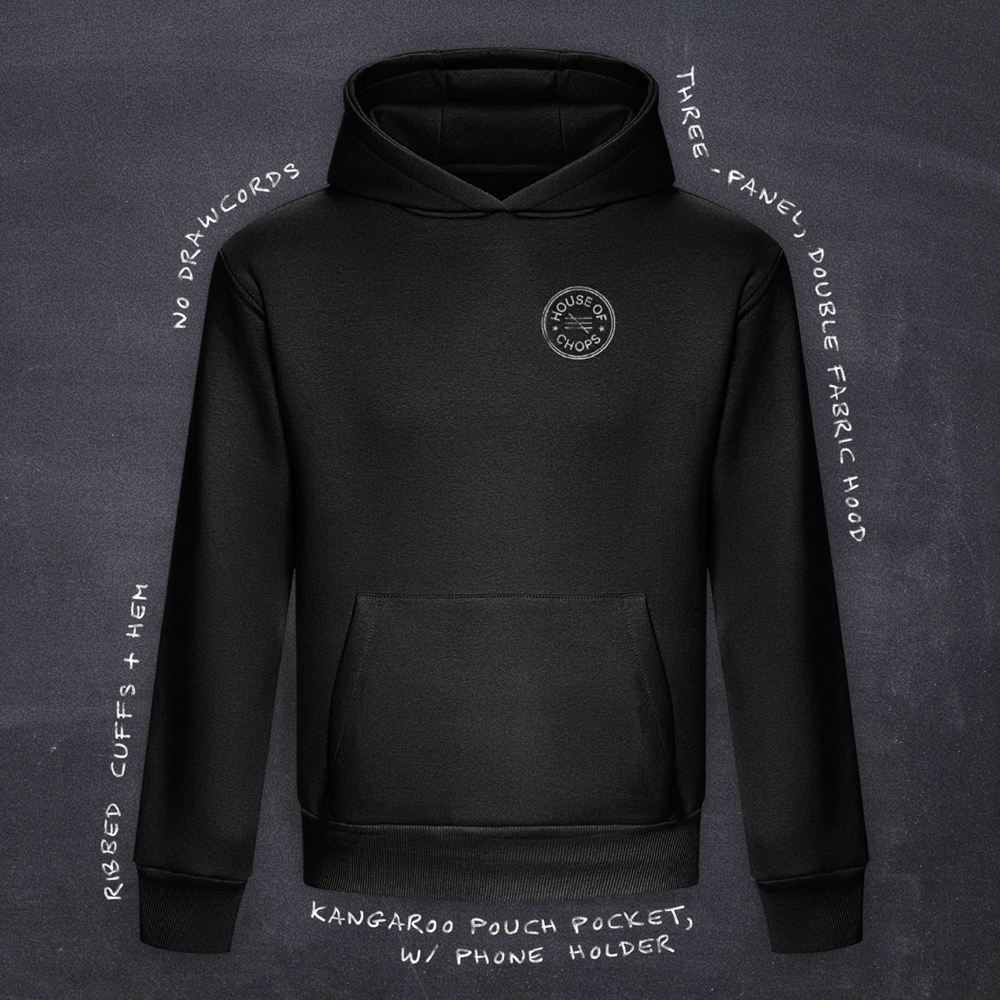 Cut 001 black hoodie front view featuring house of chops logo design - with product specifications.