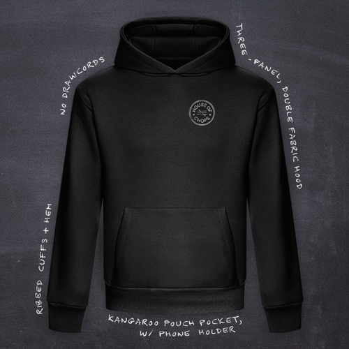 Cut 001 black hoodie front view featuring house of chops logo design - with product specifications.