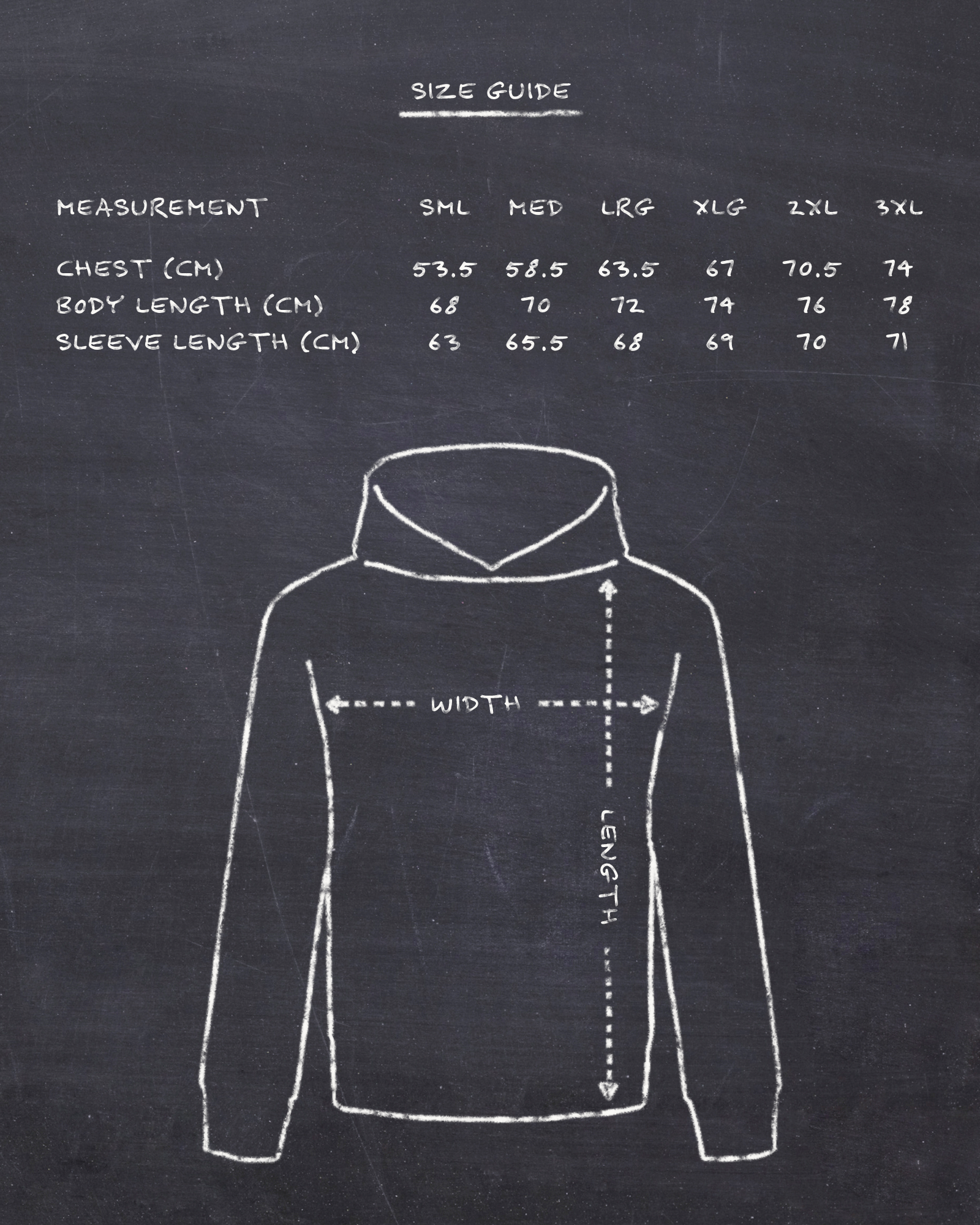 Measurement chart for Cut 001 hoodie design - showing chest width, length, and sleeve dimensions across sizes S-3XXL.