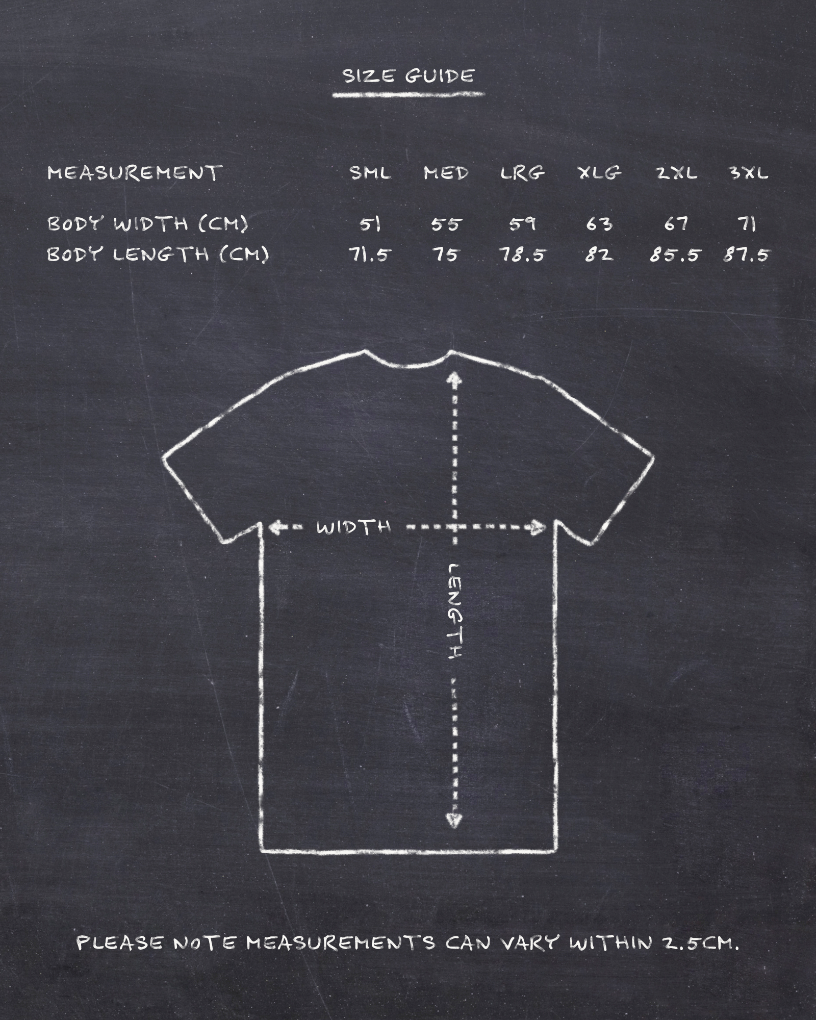 Measurement chart for Cut 001 t-shirt design - showing chest width, and length dimensions across sizes S-3XXL.