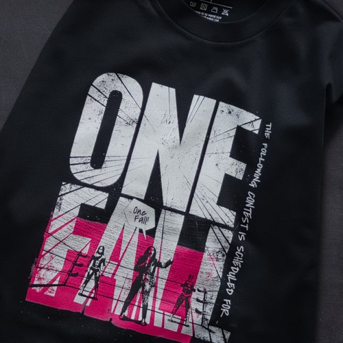 Detail shot of print quality on Cut 001 black t-shirt showing fabric texture and design clarity.