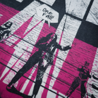 Detail shot of print quality on Cut 001 white t-shirt showing fabric texture and design clarity.