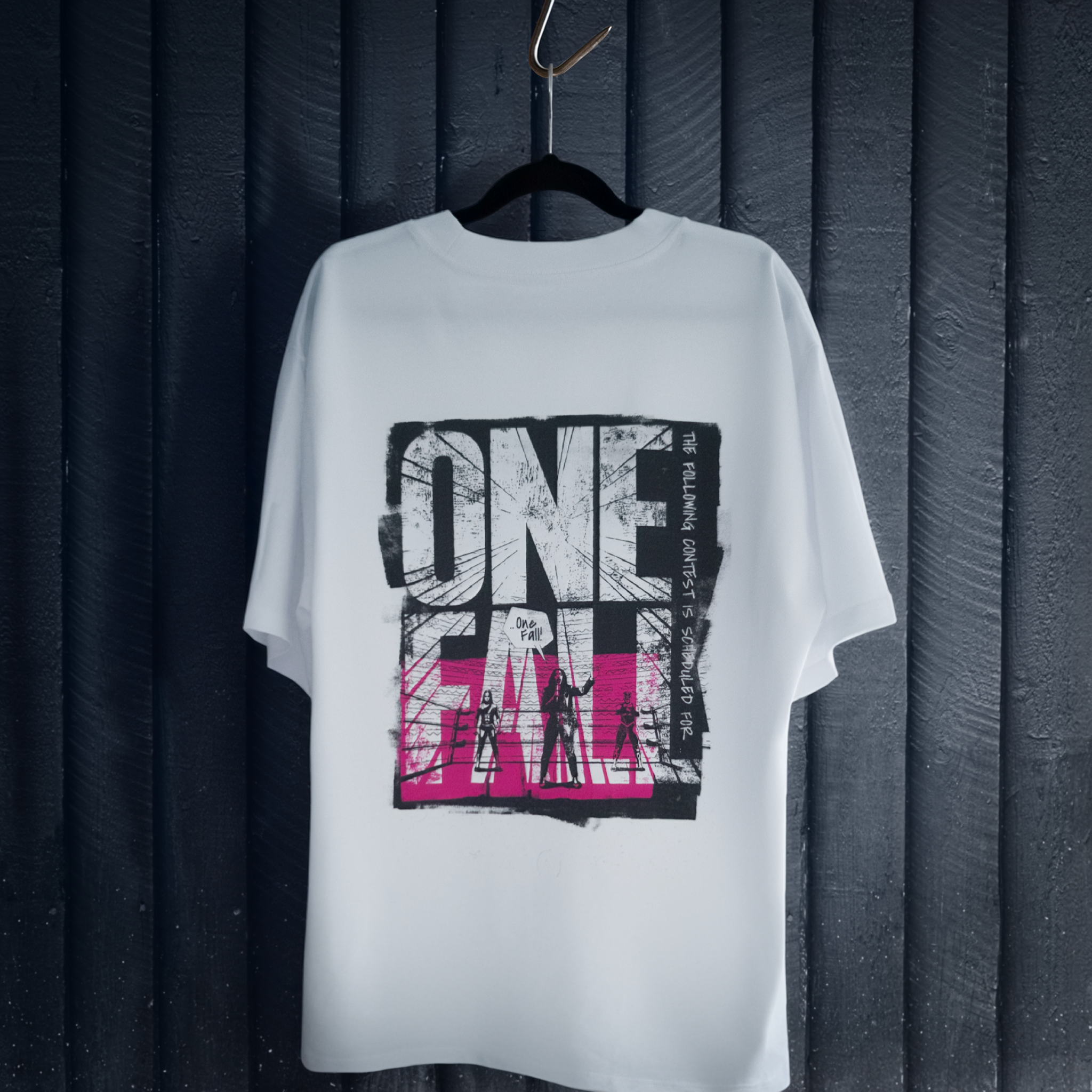 Cut 001 white t-shirt back displayed on hanger showing natural drape and heavyweight fabric construction - against a white wall.