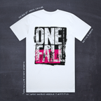 Cut 001 white t-shirt back view featuring main One Fall! design - with product specifications.