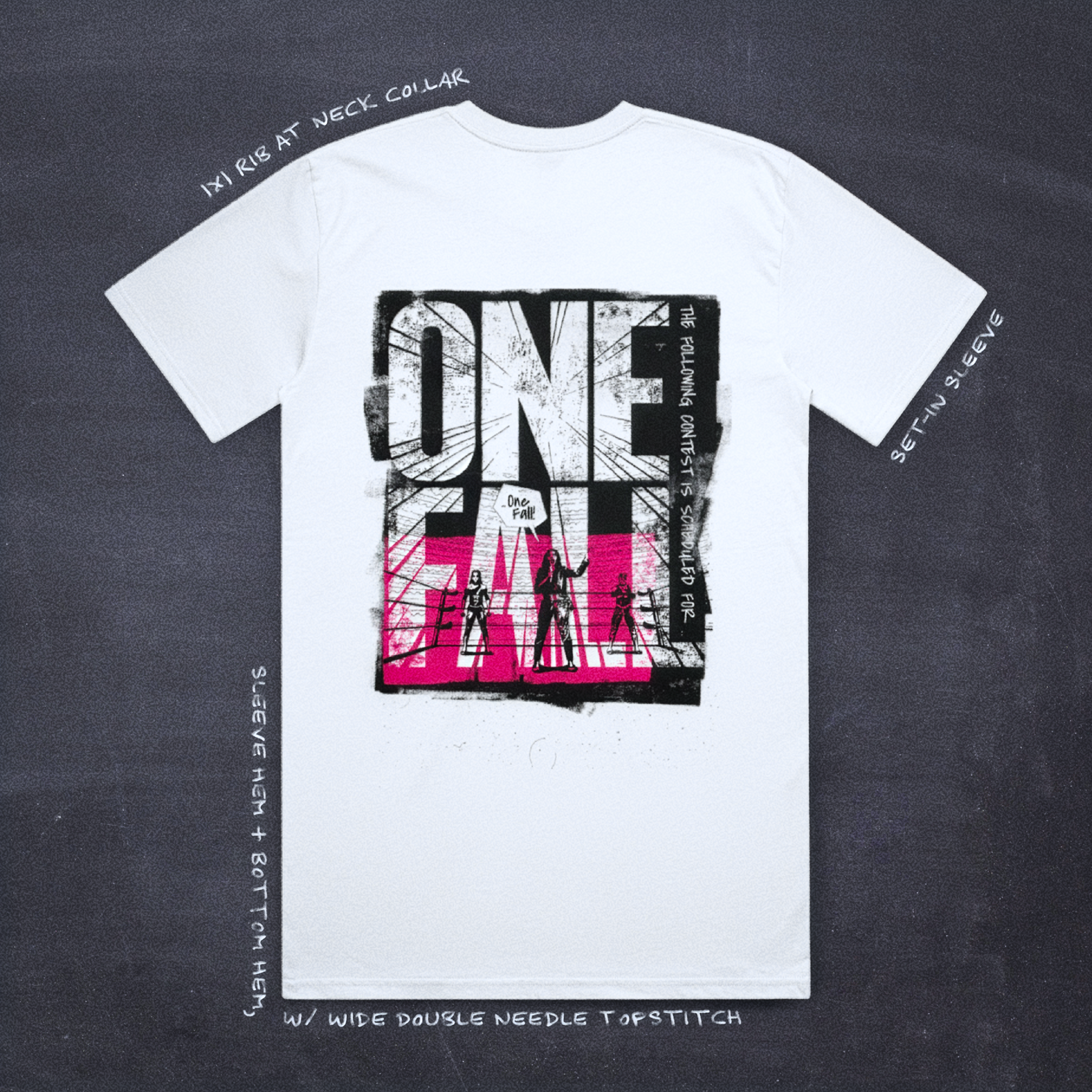 Cut 001 white t-shirt back view featuring main One Fall! design - with product specifications.