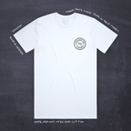 Cut 001 white t-shirt front view featuring house of chops logo design - with product specifications.
