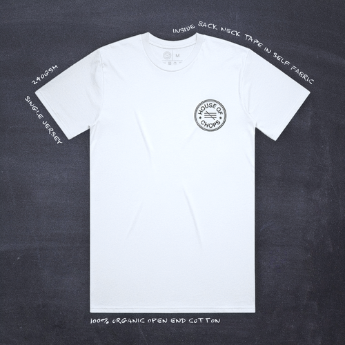Cut 001 white t-shirt front view featuring house of chops logo design - with product specifications.