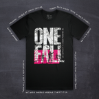 Cut 001 black t-shirt front view featuring main One Fall! design - with product specifications.