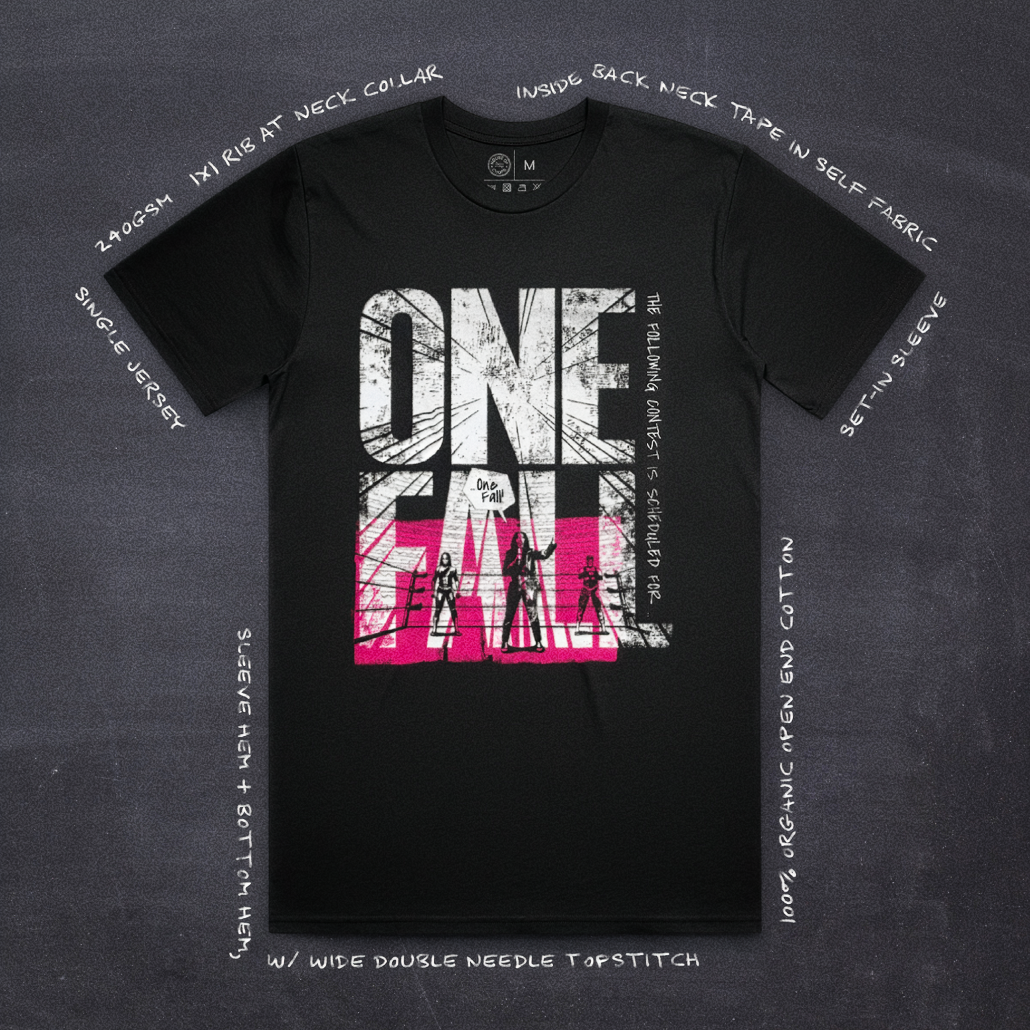 Cut 001 black t-shirt front view featuring main One Fall! design - with product specifications.